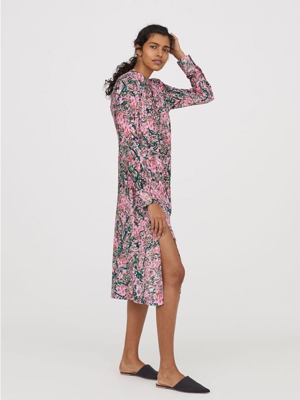 H&M Floral Pink Long-Sleeve Satin Feel Midi Dress Quiet Luxury Vibes
